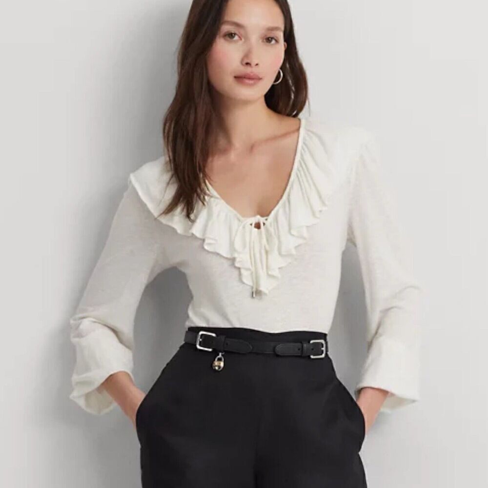 Ralph Lauren Vintage Ruffle Trim Jersey White Ivory Long Sleeve Size SM V Neck
